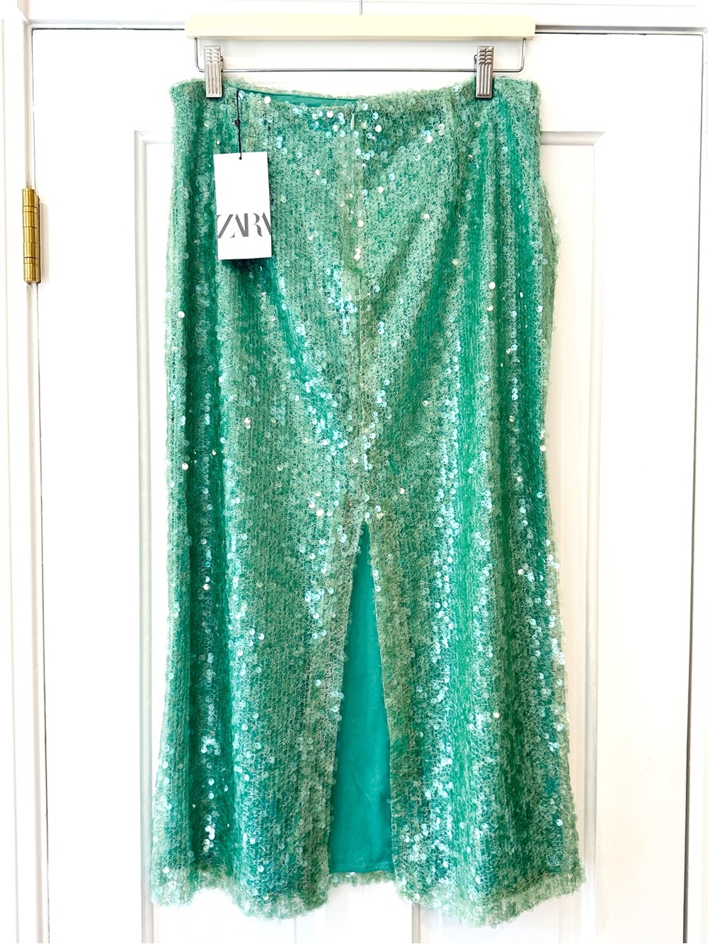 Zara NWT Sequined Sea Green Midi Skirt Size Large Occasions - Picture 9 of 16